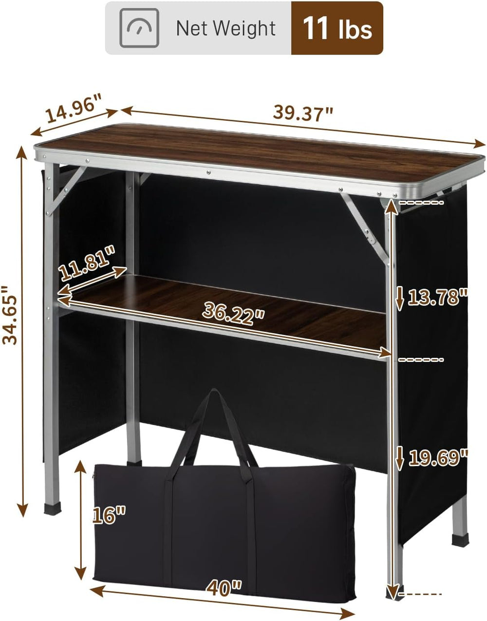 Outvita Portable Bar Table with 2 Tier Shelves & Black Skirt for Party