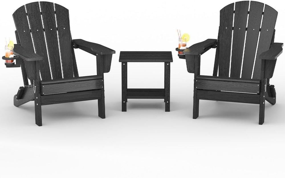 HDPE Folding Adirondack Chair Set of 2 with Side Table, Black