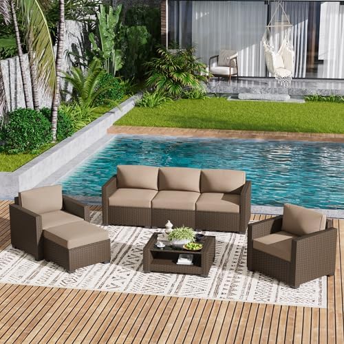 LOUVIXA 7 Piece Outdoor Patio Furniture Set, Rattan Chairs Glass Table Wicker...