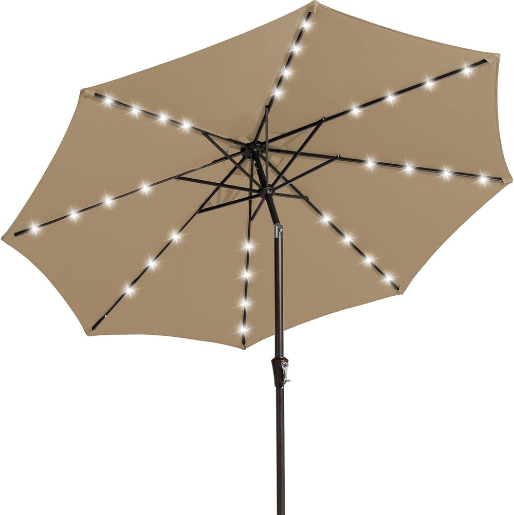 JEAREY 9' Patio Umbrella with Solar Lights, LED Umbrella, Beige