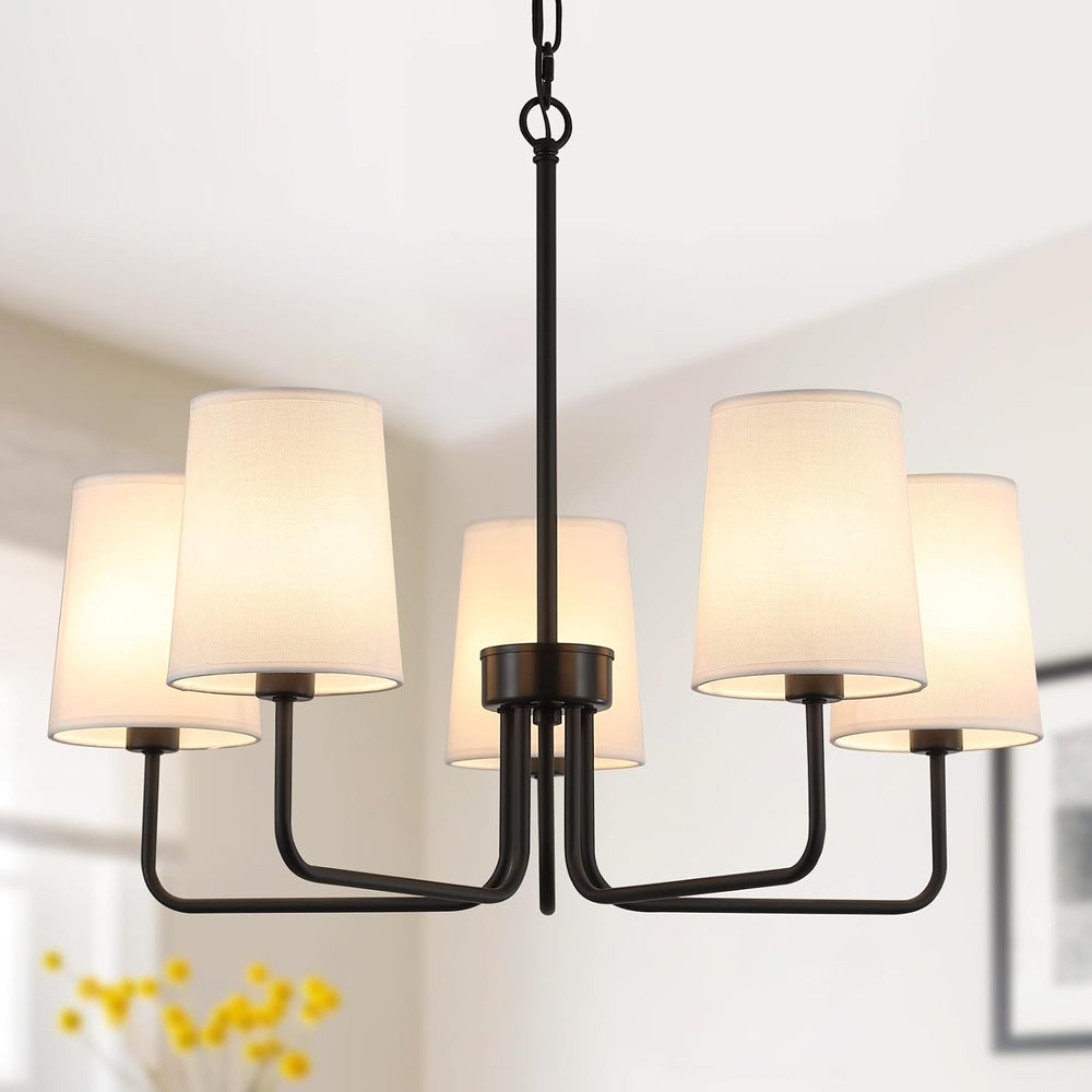 AMZASA Farmhouse Chandelier, Matte Black with White Fabric Shade, Farmhouse L...