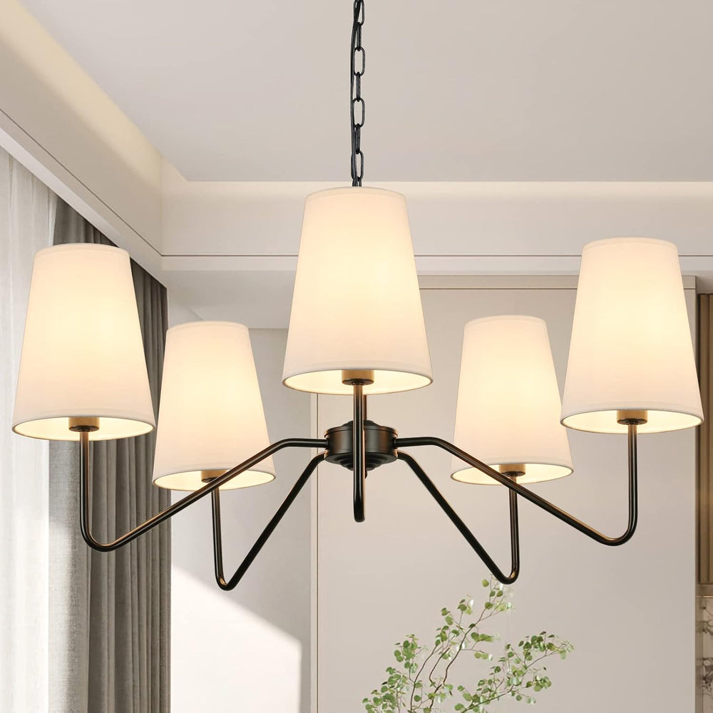 5-Light Black 30” Modern Chandelier with White Shades for Dining Room