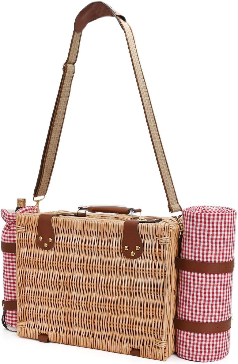 Picnic Basket with Blanket and Wine Pouch for 2, Wicker Picnic Set with Insul...