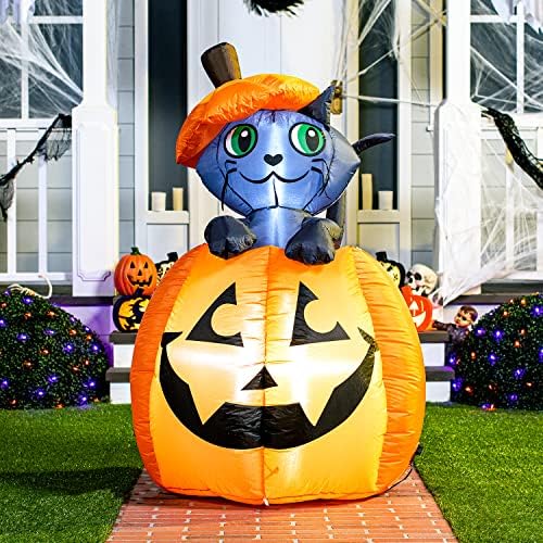 Joiedomi 5 FT Animated Pumpkin Inflatables, Outdoor Blow Up Cat On Pumpkin wi...