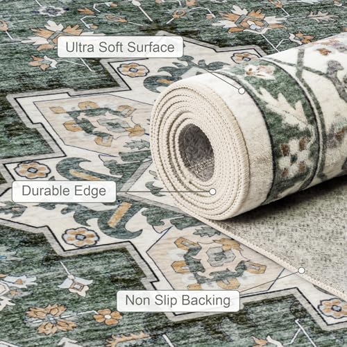 10x14 Area Rugs Living Room: Washable Rug for Bedroom Green Ivory