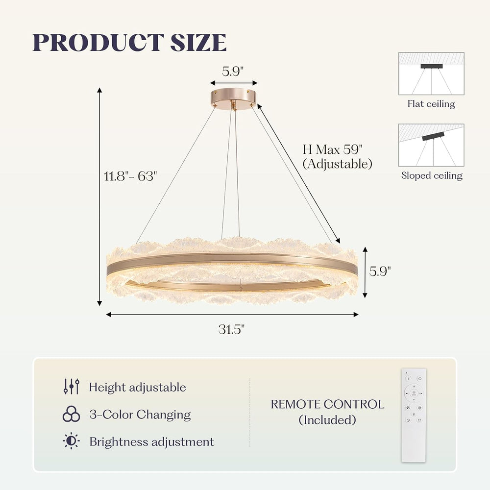 Gold Chandelier 31.5" Modern Ring Chandelier, Dimmable LED Chandeliers w...
