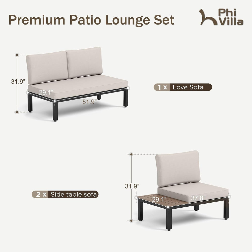 PHI VILLA 4-Seat Metal Patio Sofa Sectional Set with Gray Cushions