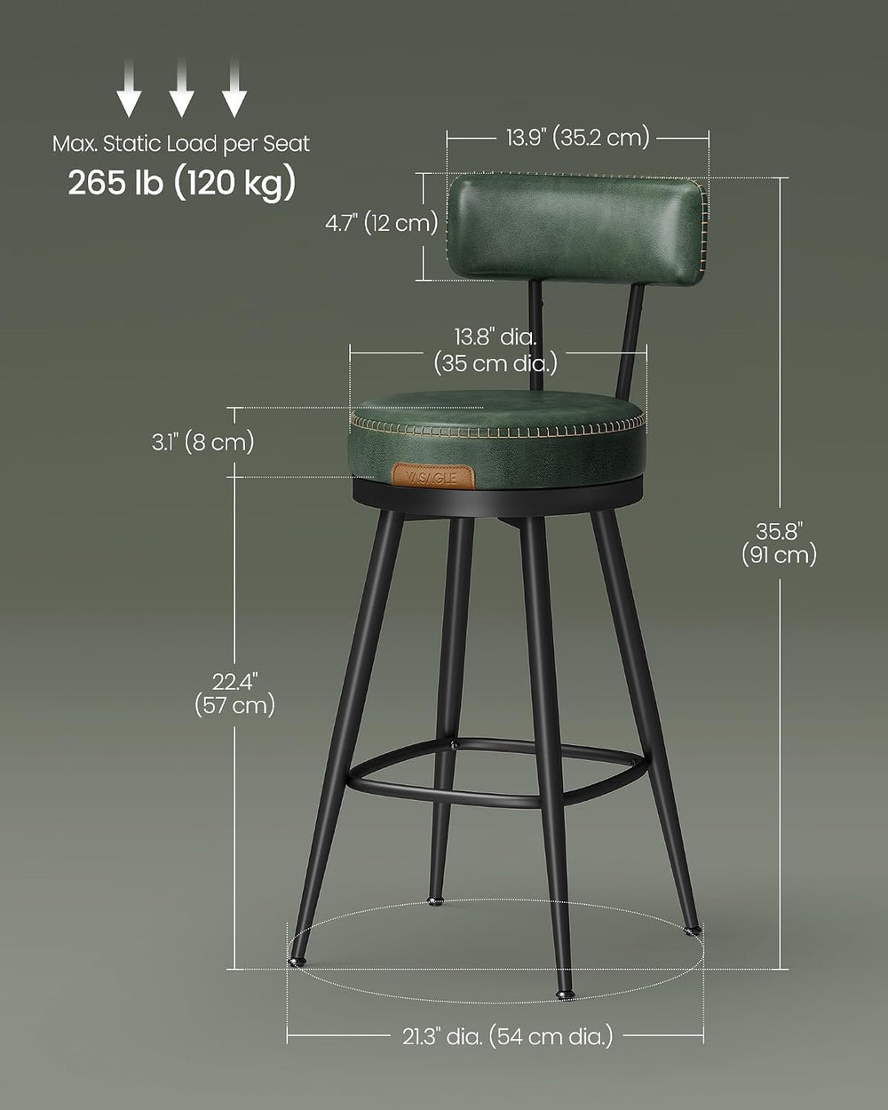 VASAGLE Bar Stools Set of 2, Swivel Counter Height with Back, 25.6-Inch