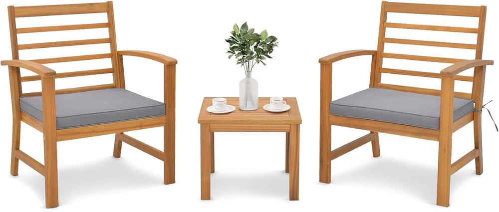 Tangkula 3 Pieces Outdoor Furniture Set, Acacia Wood Conversation Set with So...