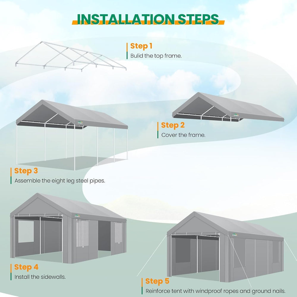 COBIZI Carport 20x20 Heavy Duty 2 Car Carport Canopy, Gray