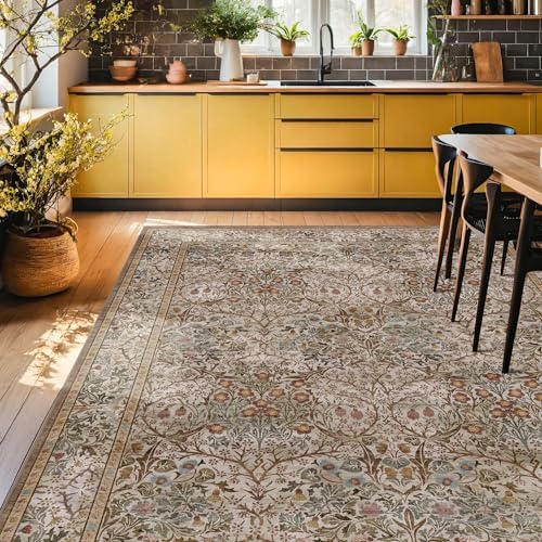 Washable 9x12 Living Room Rug - Moss Brown Floral Area Rug for Dining Room Un...