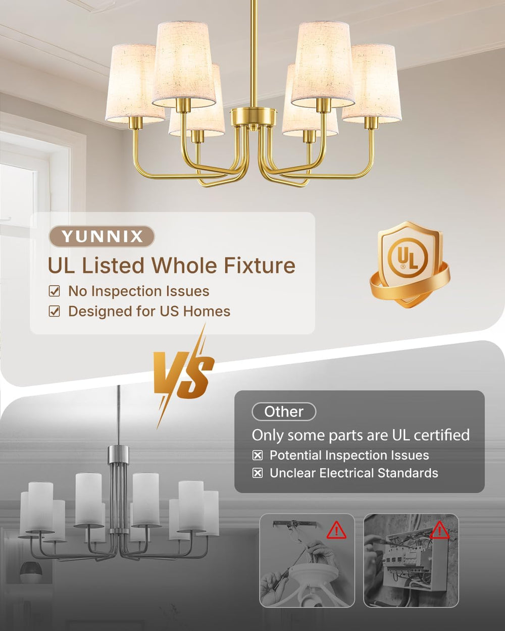 Yunnix 6-Light Gold Chandelier for Dining Room, No Assembly Modern Chandelier...