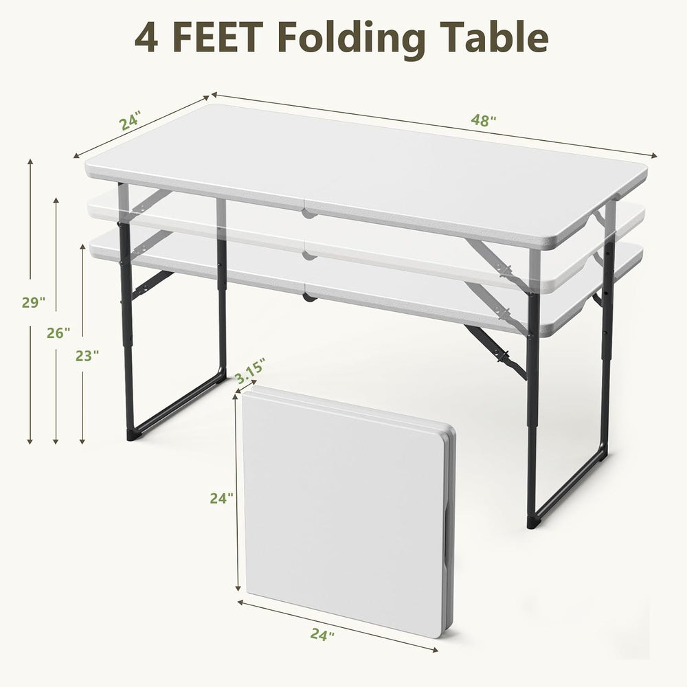 Folding Table, 4 FT Foldable Plastic Table with Adjustable Height, Heavy Duty...