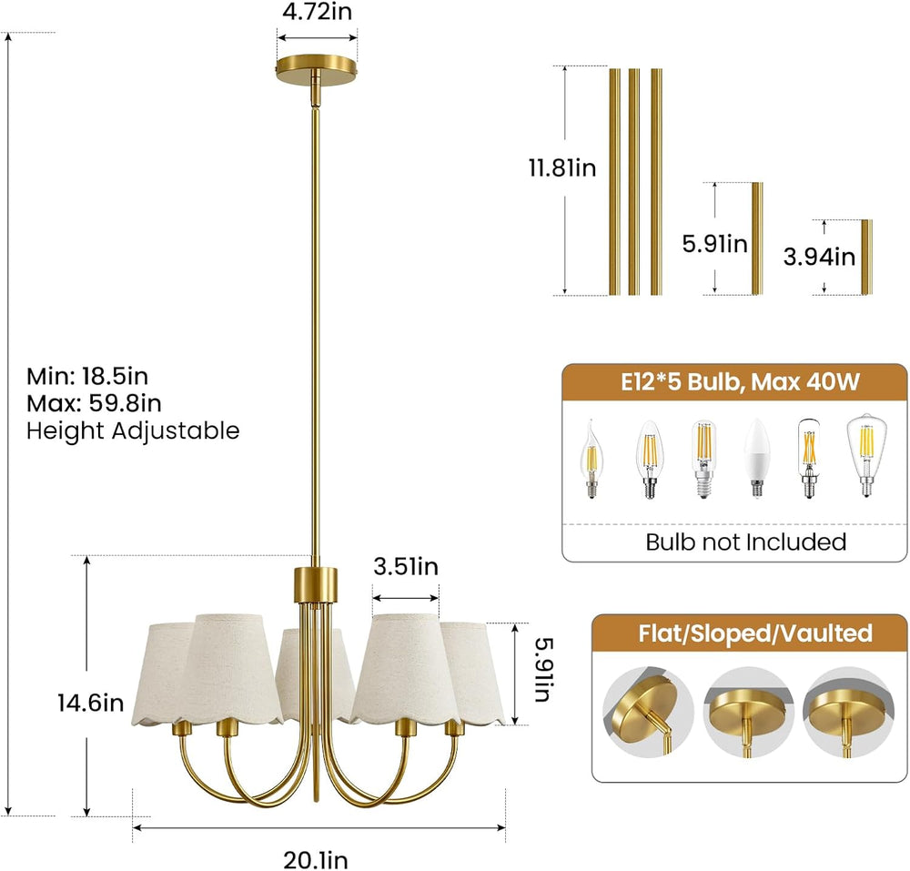Modern Gold Chandelier 5-Light Dining Room Chandelier with Fabric Shades Kitc...