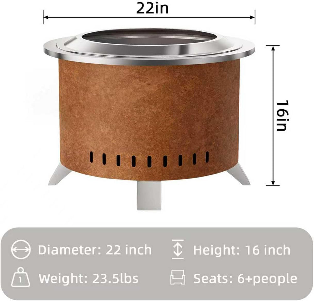 Verdeluxe 22 Inch Smokeless Fire Pit Stainless Steel Firepit with Cover