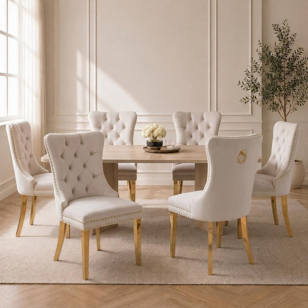 Mid Century Modern Dining Chairs Set of 6, Beige Velvet Upholstered Tufted Ba...