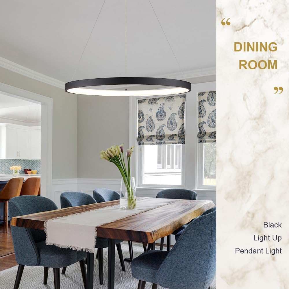 Modern LED Pendant Light Black Ring Chandelier 24" Dimmable Flush Mount ...