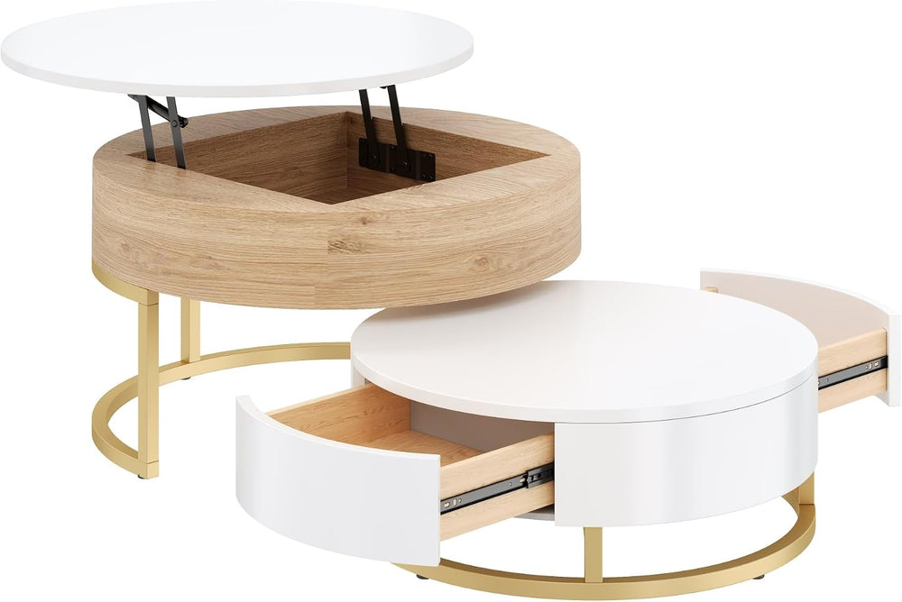 Modern Round Lift-top Nesting Coffee Tables with 2 Drawers for Living Room Wh...