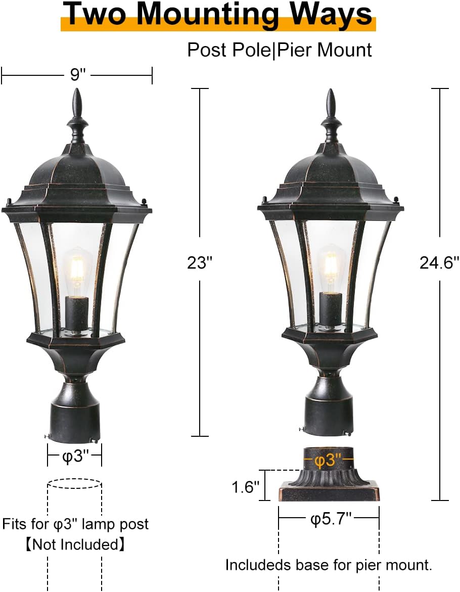 Cast Aluminum 24" Large Outdoor Post Light with 3" Pier Mount, Bron...