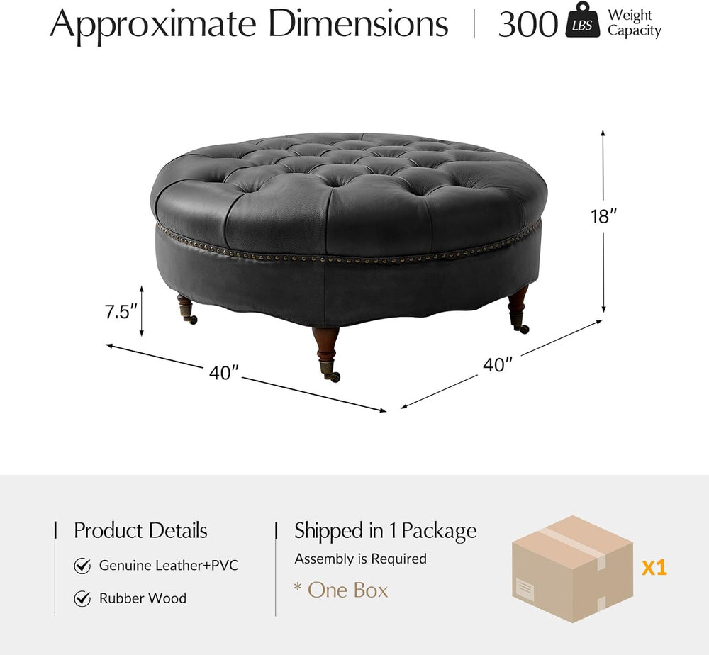 HULALA HOME 40" Genuine Leather Coffee Table with Rolling Wheels, Black