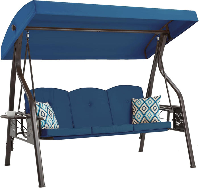 ZZW 3-Seat Outdoor Porch Swing with Stand, Patio Swing with Canopy, 2 in 1 Porch Swing Bed & Patio Swing Chair for Adult, Yard Swing w/Extra Pillows and Cup Holder (Blue)