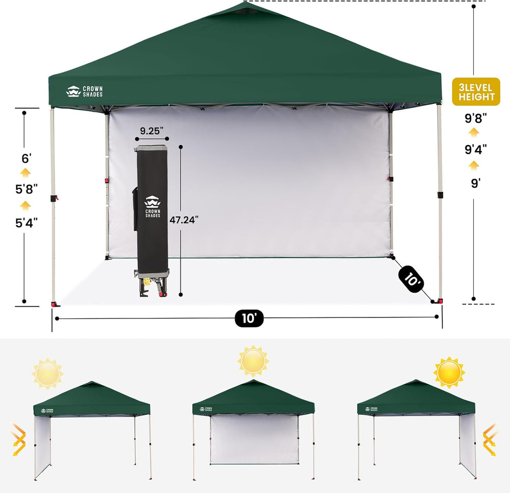 CROWN SHADES 10x10 Pop Up Canopy with 1 Side Wall, Beach Tent, Forest Green