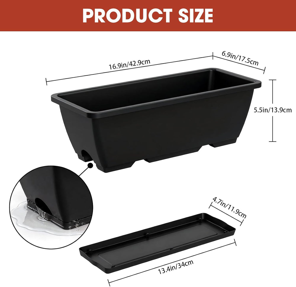 4 Pcs Hanging Flower Pots, 16.9 Inches Railing Planter Box, Black