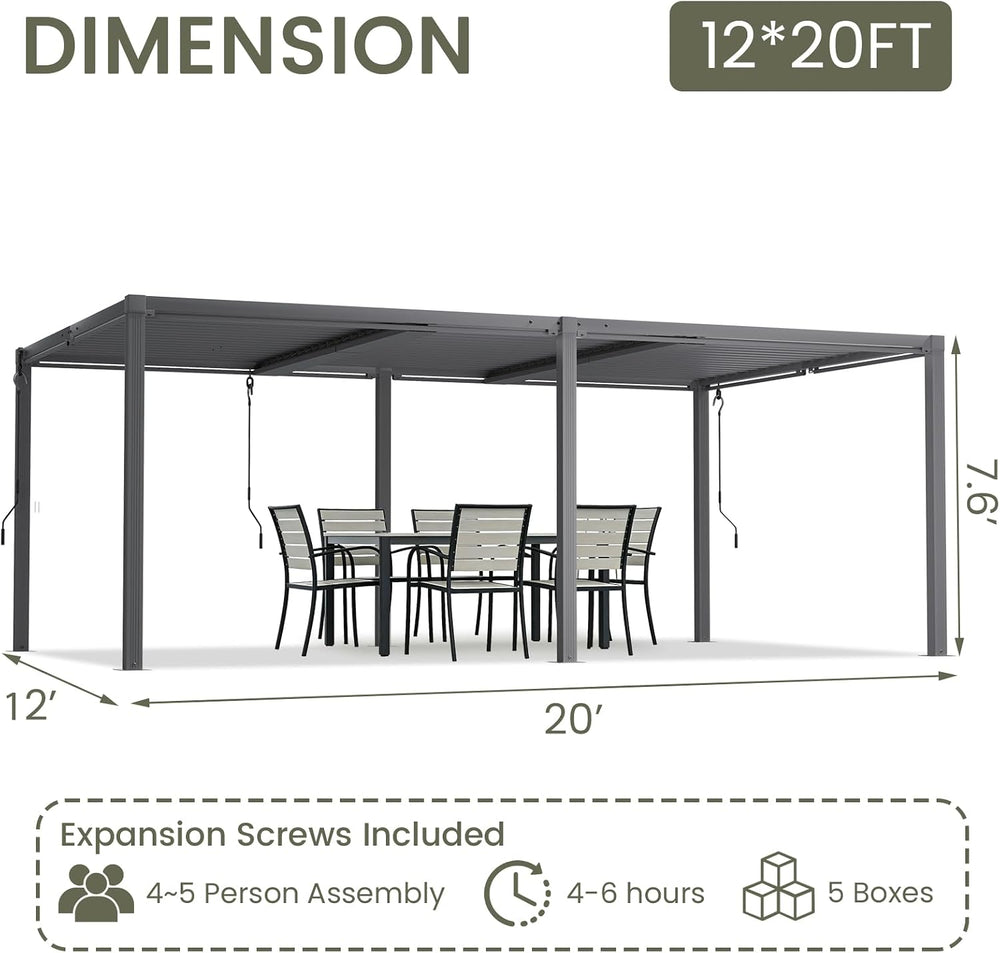 Louvered Pergola 12' x 20', Large Outdoor Aluminum Pergola with Reinf...