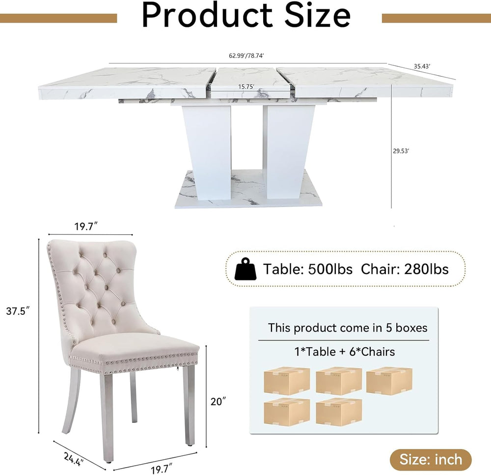 63"-78.74" White Faux Marble Extendable Dining Room Table Set for 6...