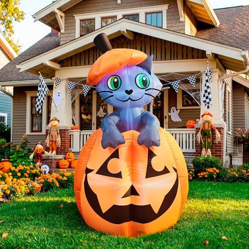 Joiedomi 5 FT Animated Pumpkin Inflatables, Outdoor Blow Up Cat On Pumpkin wi...
