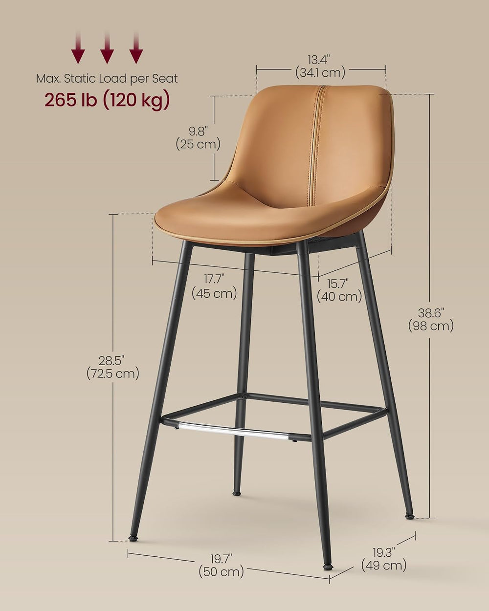 VASAGLE Bar Stools Set of 2, Bar Height, with Back, 28.5-Inch