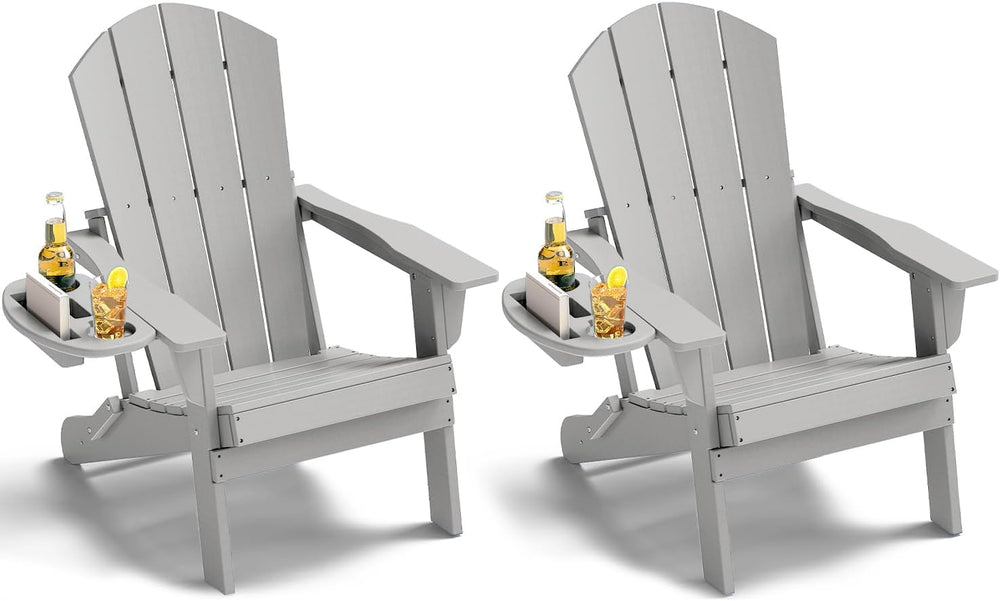 NAVINE Folding Adirondack Chairs Set of 2 with 4-in-1 Cup Holder,White Grey