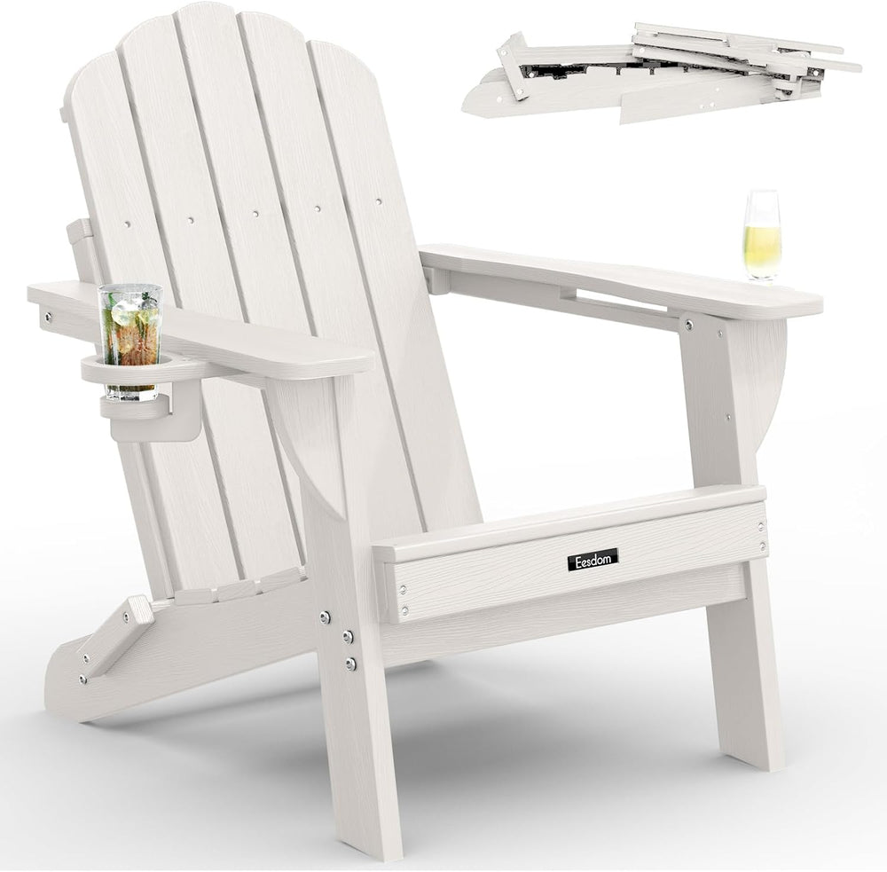 Folding Adirondack Chair, All-Weather HDPE Patio Chair with 2 Cup Holders
