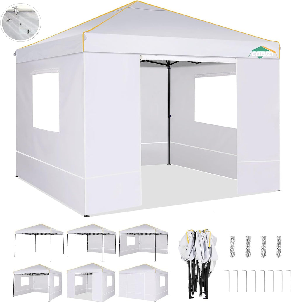 COBIZI 10×10 Easy Setup Pop Up Canopy Gazebo with Mesh Windows 2.0, White