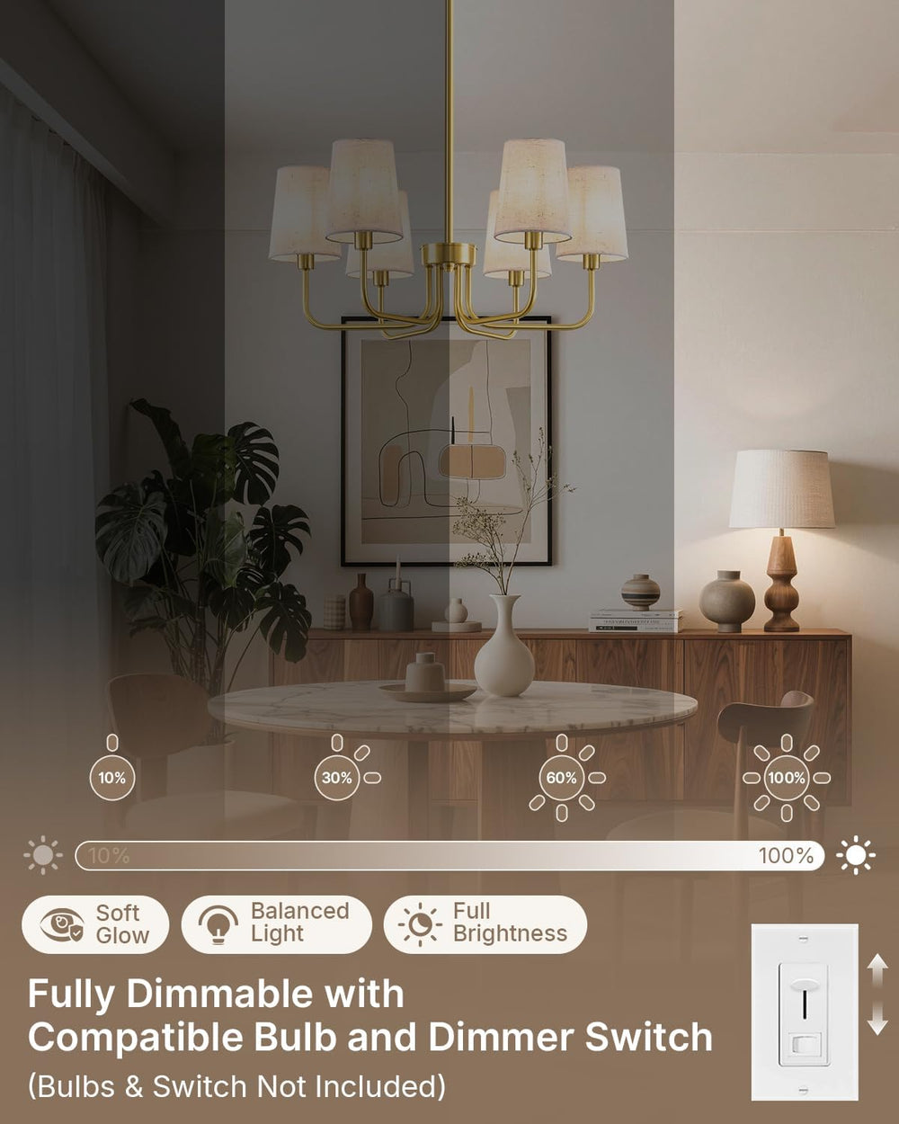Yunnix 6-Light Gold Chandelier for Dining Room, No Assembly Modern Chandelier...