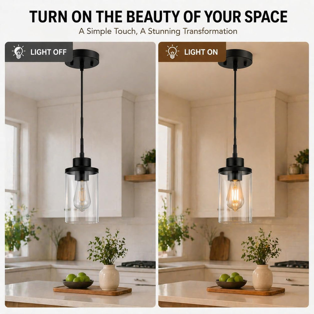 Black Farmhouse Pendant Light, Clear Glass Cylinder Hanging Fixture