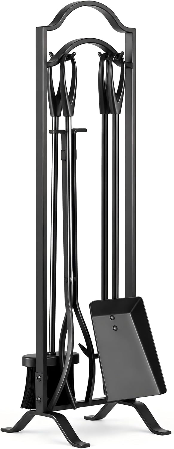 FEED GARDEN Fireplace Tools Set 5 Pcs with Stand, 29” Durable Wrought Iron