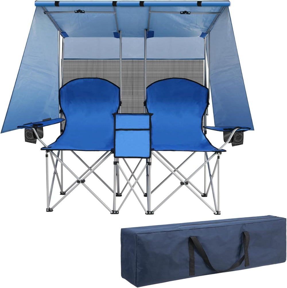 ptlsy Folding Double Camping Chair with Canopy Shade for Beach Lawn (Blue)
