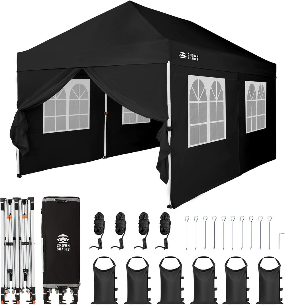 CROWN SHADES 10X15 Pop Up Canopy Tent with Sidewalls, Instant Setup, Black