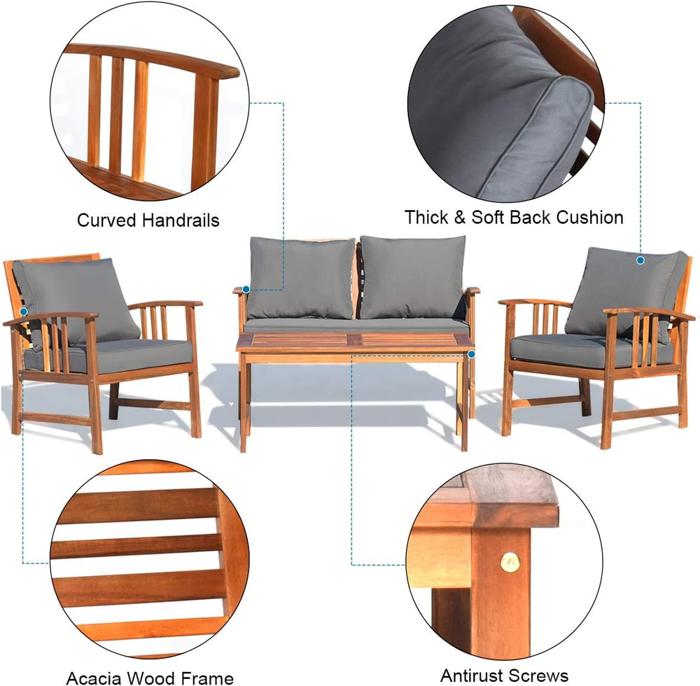 Tangkula 4 Pieces Acacia Wood Patio Furniture Set, Outdoor Seating Chat Set w...