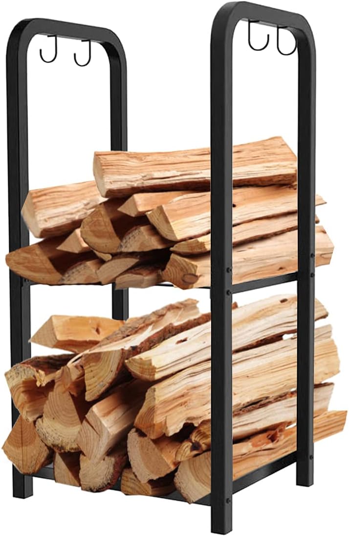 2-Tier Fireplace Firewood Rack Holder for Indoor Outdoor, Small Fire Wood Hol...