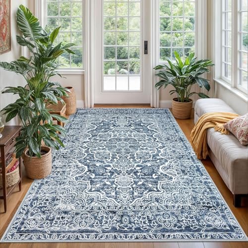 KUTA Floral Area Rug 4x6 Living Room Washable Rugs Vintage Blue White