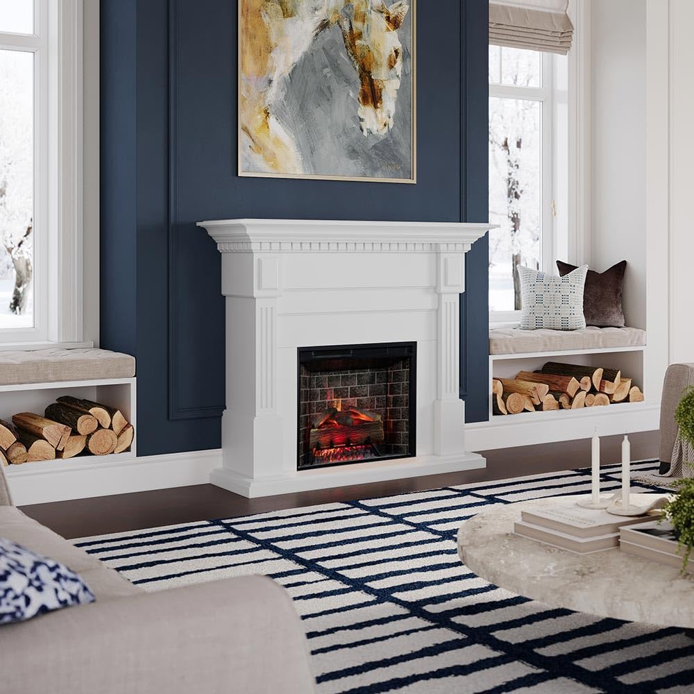 Modern Ember Augustine White Mantel Package 55" W x 48" H with 28 I...