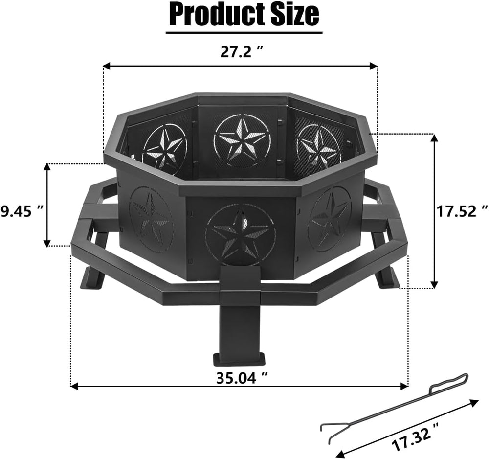Verdeluxe Outdoor Octagonal Fire Pit 35 Inch Wood Burning Black