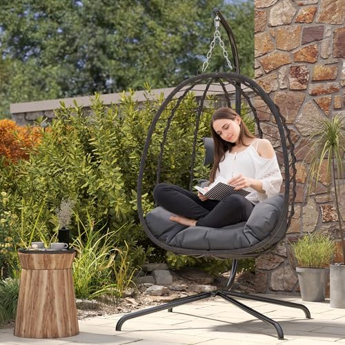LEX CRAFT Egg Chair with Stand, Patio Wicker Hanging Chair, Hammock Swing Cha...