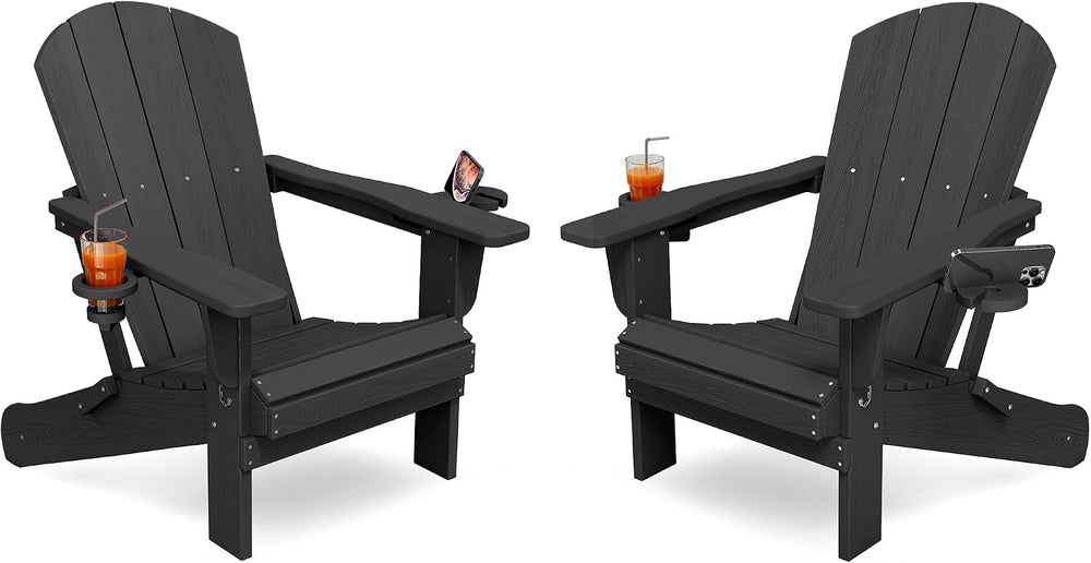 KINGYES Folding Adirondack Chair Set of 2 with 2 Cup Holders, Black
