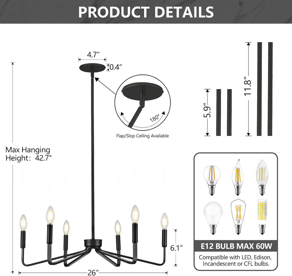 6-Light 26" Farmhouse Black Candle Chandelier for Dining Room
