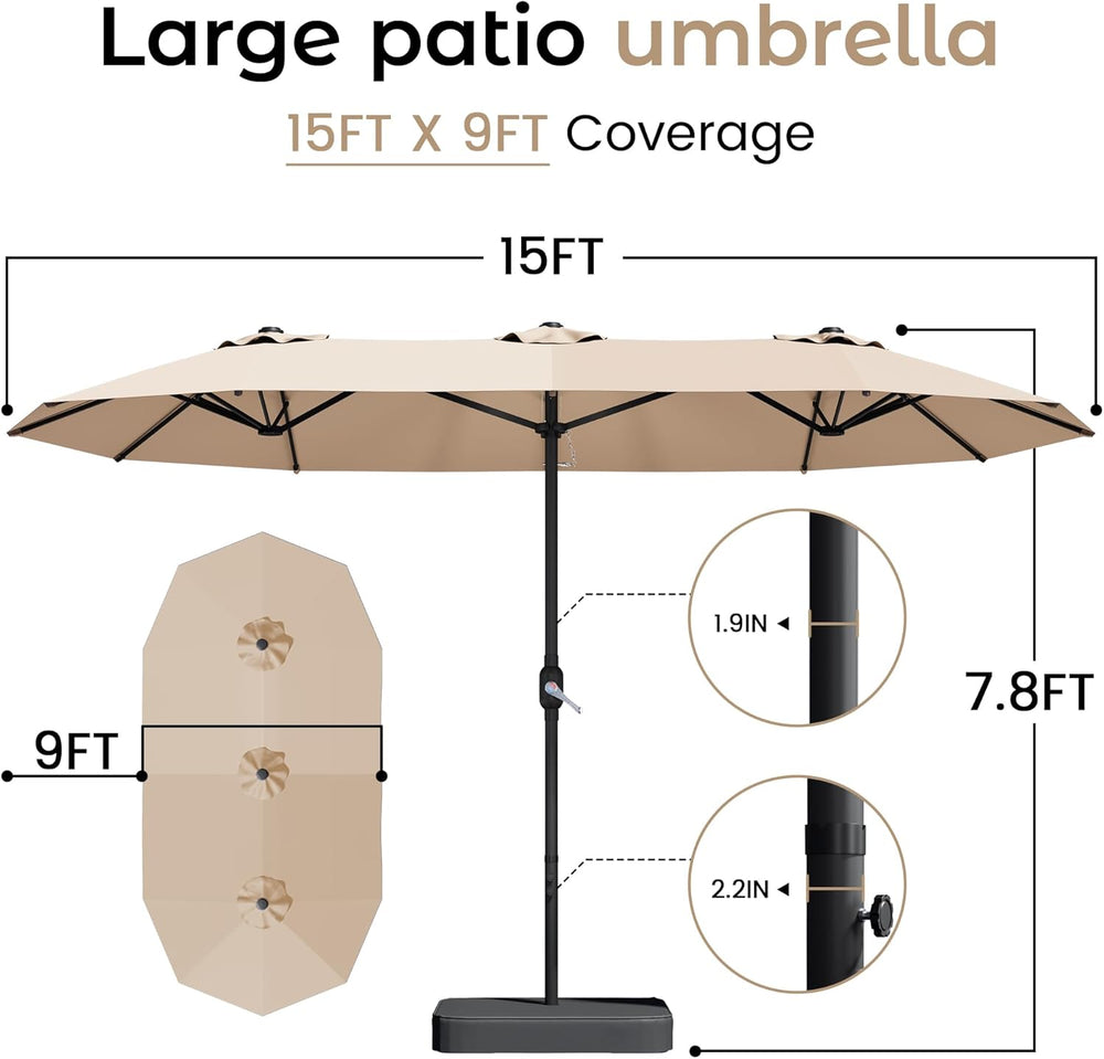 15ft Patio Umbrella with Base,Large Double-Sided Rectangular Umbrella,Beige