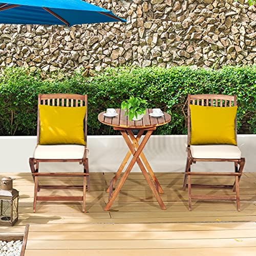 FANTASK 3 Pieces Folding Acacia Wood Bistro Set, Patio Furniture Set with Cus...