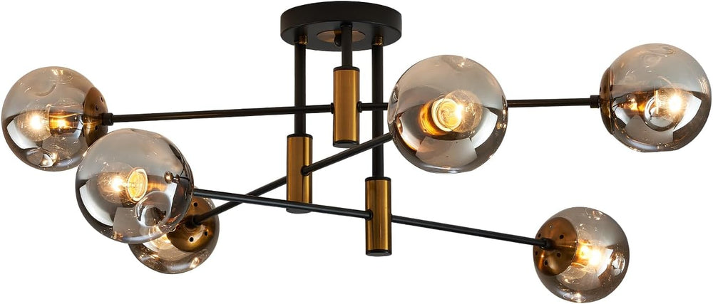 6-Light Sputnik Ceiling Light Fixture Mid Century Black and Gold Chandelier